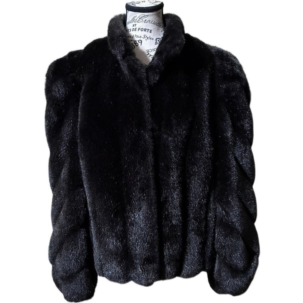 VTG 60s 70s Black Simulated Mink Fur Short Coat 12 Metzger Group Mob Wife Glam